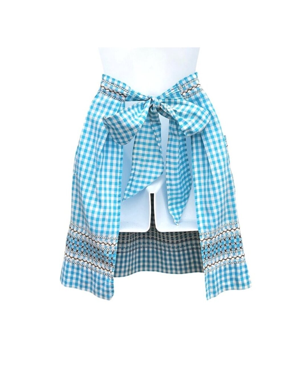 Vintage Handmade Turquoise Gingham Half Apron Hand Embroidery Rickrack Cotton - Picture 12 of 16